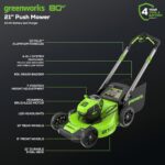 Greenworks 80V 21″ Brushless Cordless (Push) Lawn Mower (LED Headlight + Aluminum Handles), 4.0Ah Battery and Rapid Charger Included (75+ Compatible Tools)