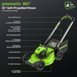 Greenworks 80V 21″ Brushless Cordless (Self-Propelled) Lawn Mower (LED Headlight + Aluminum Handles), (2) 4.0Ah Batteries and Rapid Charger Included (75+ Compatible Tools)