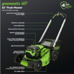 Greenworks 60V 21” Cordless (Push) Lawn Mower (LED Lights + Aluminum Handles), 5.0Ah Battery and Rapid Charger